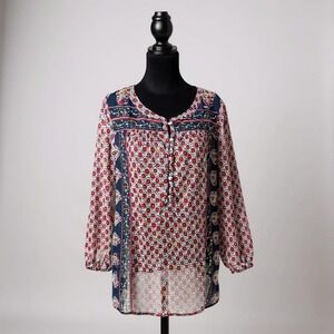 Lucky Brand See Through Top Size S Sheer‎ BOHO Hippie Red Blue Floral Festival